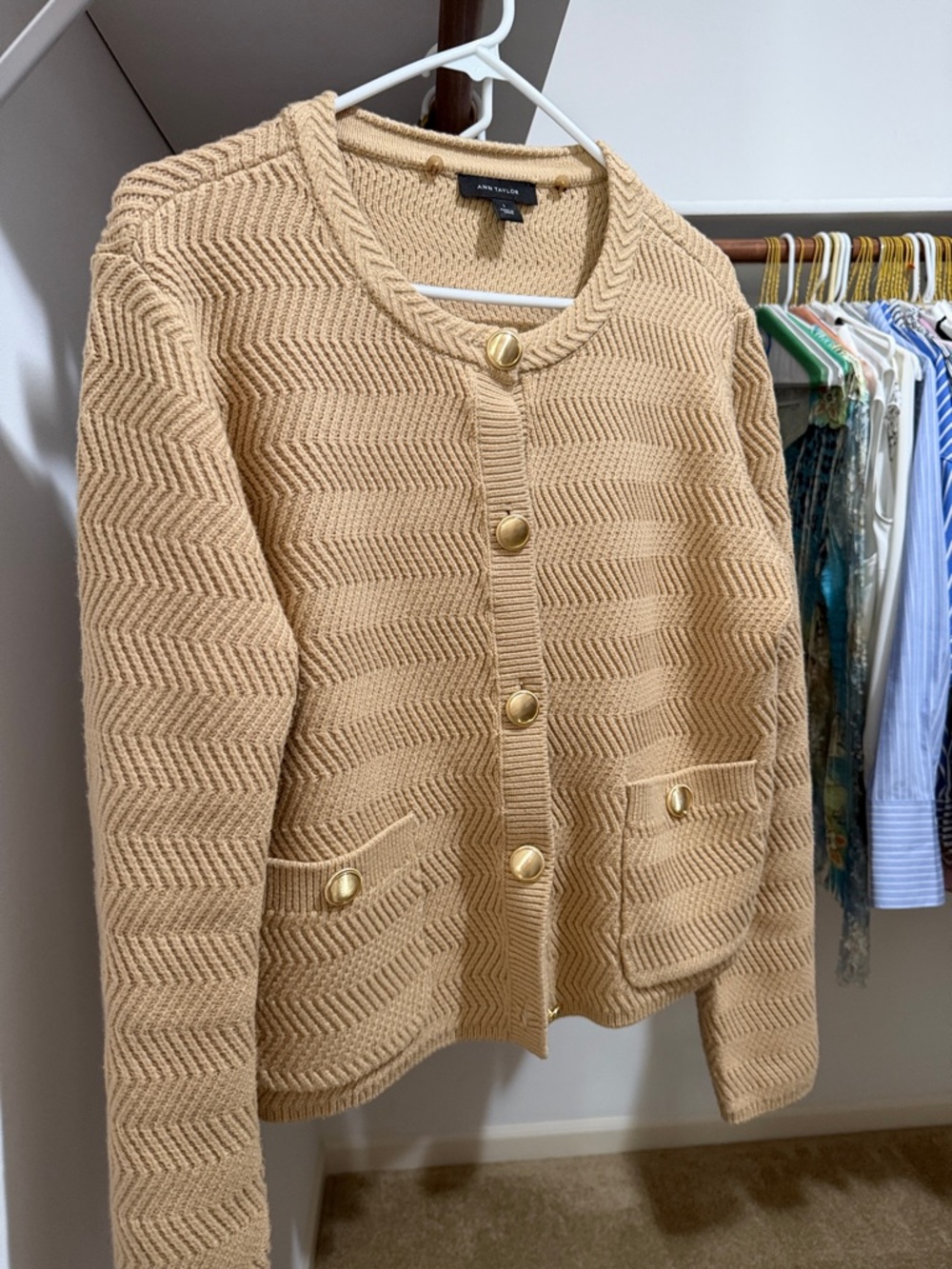 Ann Taylor Tan Chevron Knit Button Cardigan